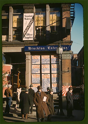 Headlines posted in street-corner window of newspaper office 1940 ©Library of Congress<p>© Jack Delano</p>
