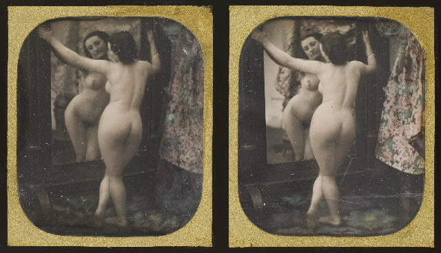 A stereoscopic daguerréotype depicting a nude woman looking into a mirror - Stereoscopic daguerréotype, circa 1855<p>© Auguste Belloc</p>