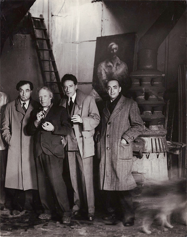 Pierre Reverdy, Picasso, Jean Cocteau and Brassaï in Picasso’s studio at rue des Grands Augustins, Paris, April 27, 1944<p>Courtesy Vintage Works, Ltd / © George Brassaï</p>