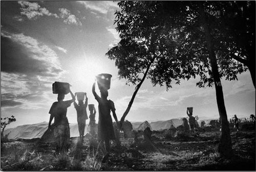 Displaced people bring back water to their camp in Goma after fleeing fighting in Karuba and Mushake<p>© Marcus Bleasdale</p>