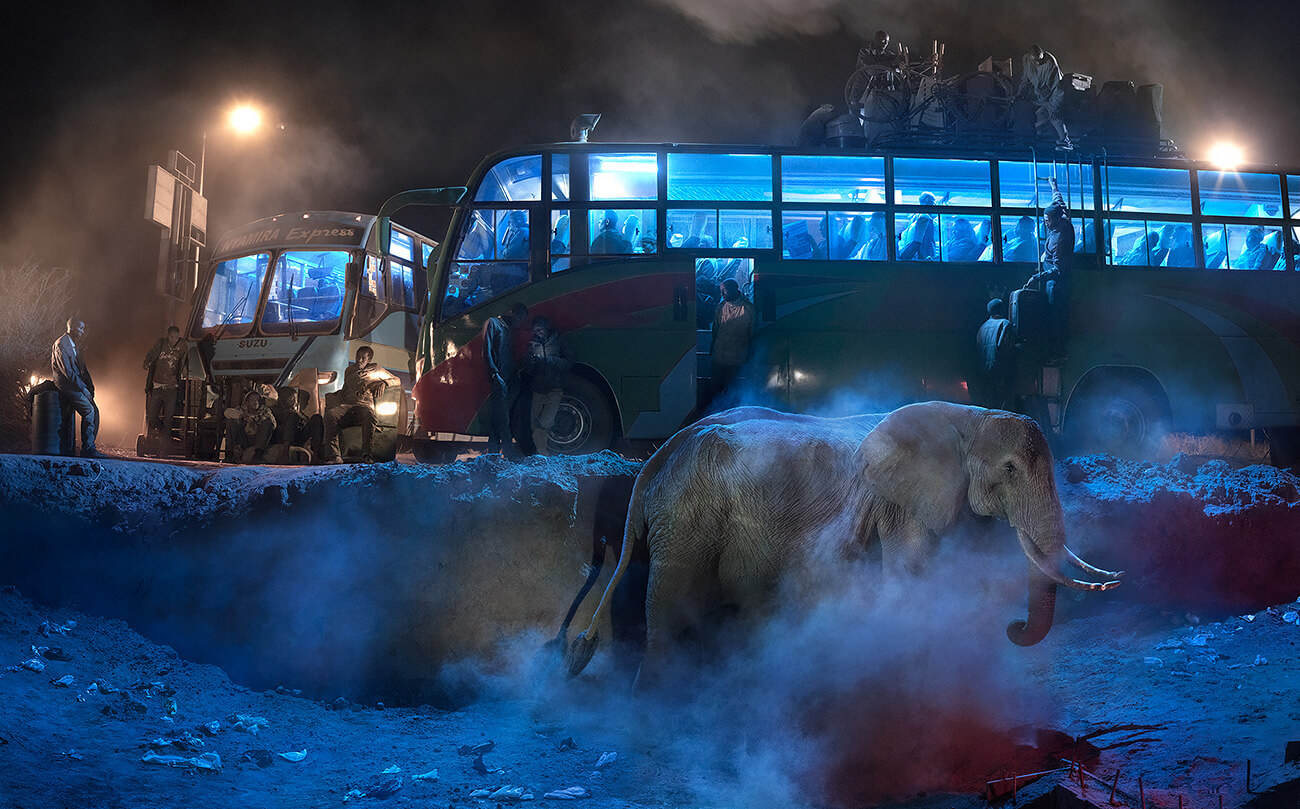 This Empty World - Bus Station with Elephant in Dust<p>© Nick Brandt</p>