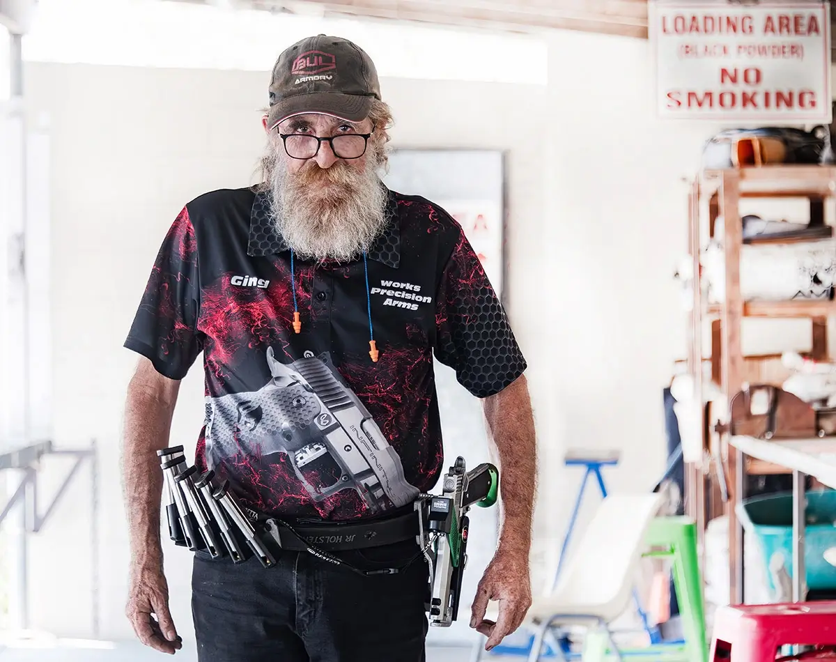 Pistol Packing Pensioner -  Ian ’Ging’ Butcher at a Mereeba shoot<p>© Brian Cassey</p>