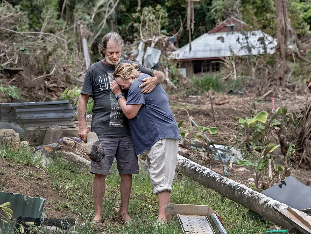Surviving Cyclone Jasper - Bill & Michelle Dunn at their Degarra home destroyed by the cyclone<p>© Brian Cassey</p>