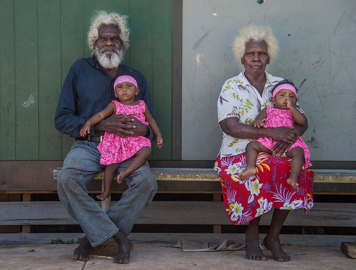 Generations Aurukun - Wik elders Silas and Rebecca Wolmby with their great grand children<p>© Brian Cassey</p>