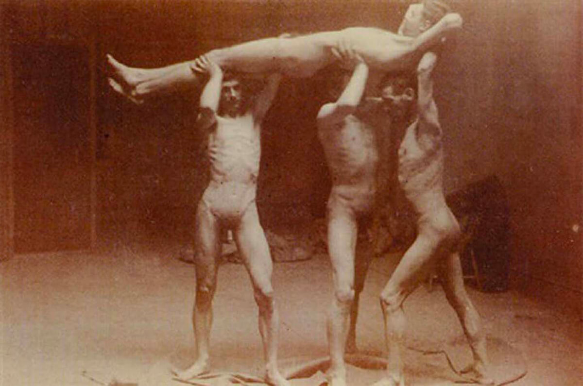 ”Four Men” (1886), (August Zeller, nude, carried by Charles Grafly, James Wright, and George Reynolds) - Grafly Album, Sterling and Francine Clark Art<p>© Thomas Eakins</p>