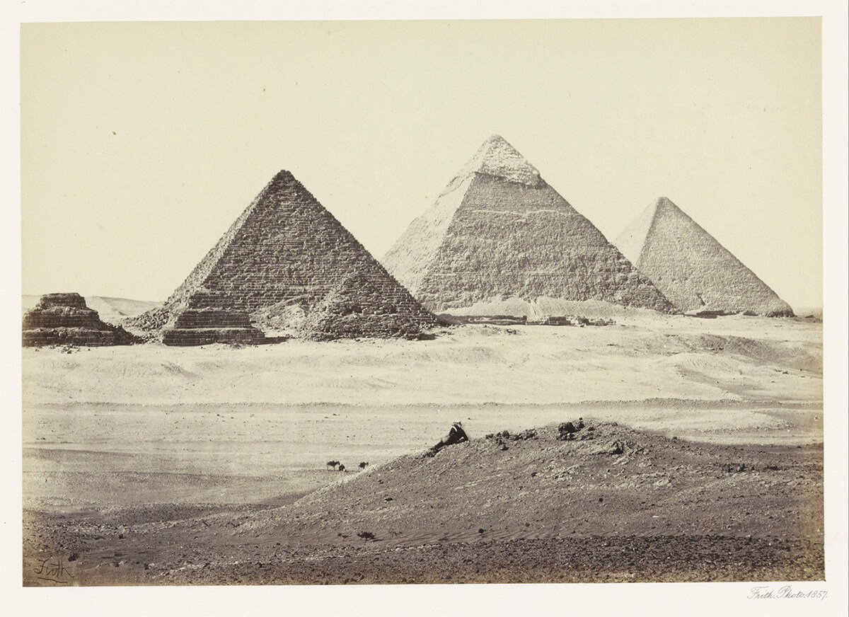 The pyramids of El Geezeh. From the South-west, 1857 - Rijksmuseum<p>© Francis Frith</p>