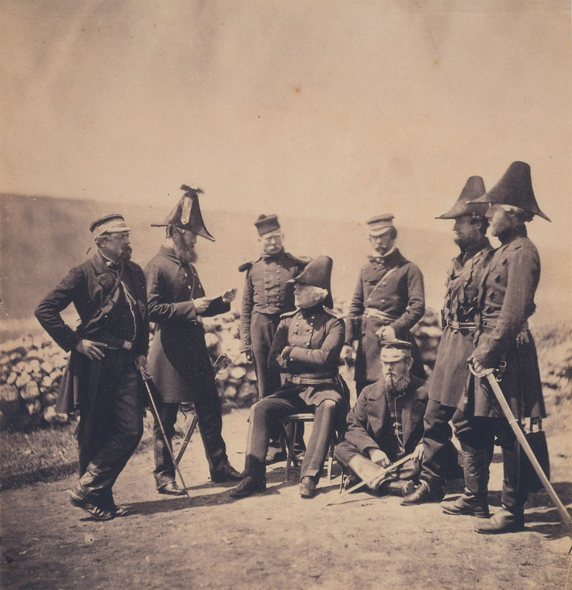 Lieutenant General Sir George Brown G.C.B. & officers of his staff Major Hallewell, Colonel Brownrigg, orderly, Colonel Airey, Captain Pearson, Captai<p>© Roger Fenton</p>