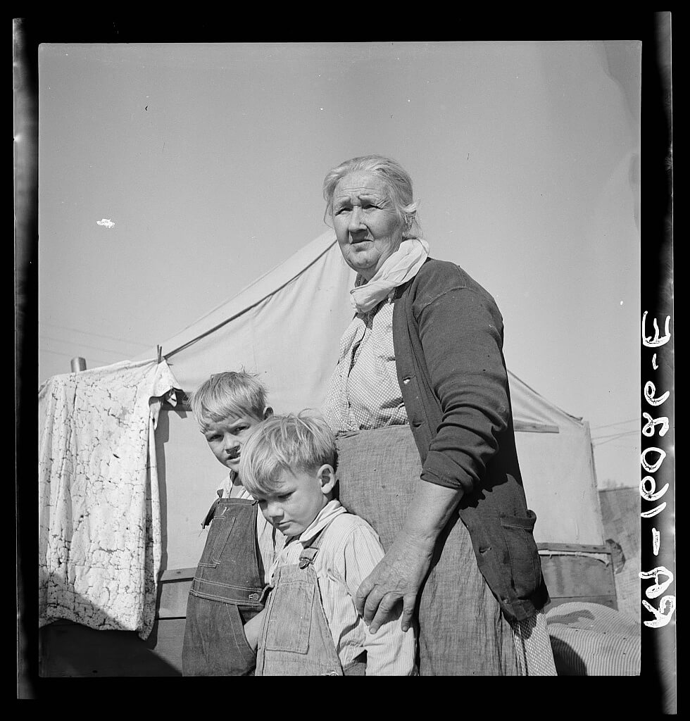 Grandmother of twenty-two children living in Kern County migrant camp, CA 1936, FSA, Library of Congress<p>© Dorothea Lange</p>