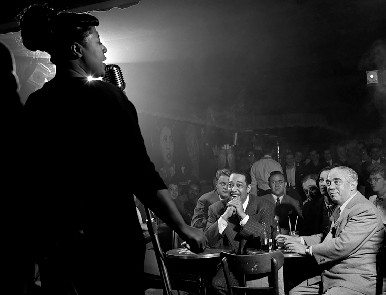 Ella Fitzgerald, Duke Ellington, Benny Goodman, Downbeat Club, 52nd St., NYC, 1948<p>© Herman Leonard</p>