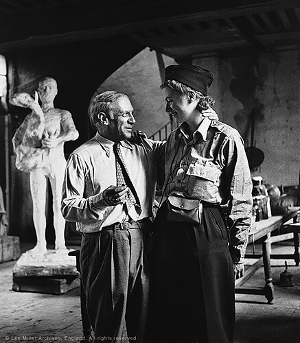 Lee Miller and Picasso after the liberation of Paris, by Lee Miller, Paris France 1944<p>© Elizabeth (Lee) Miller</p>