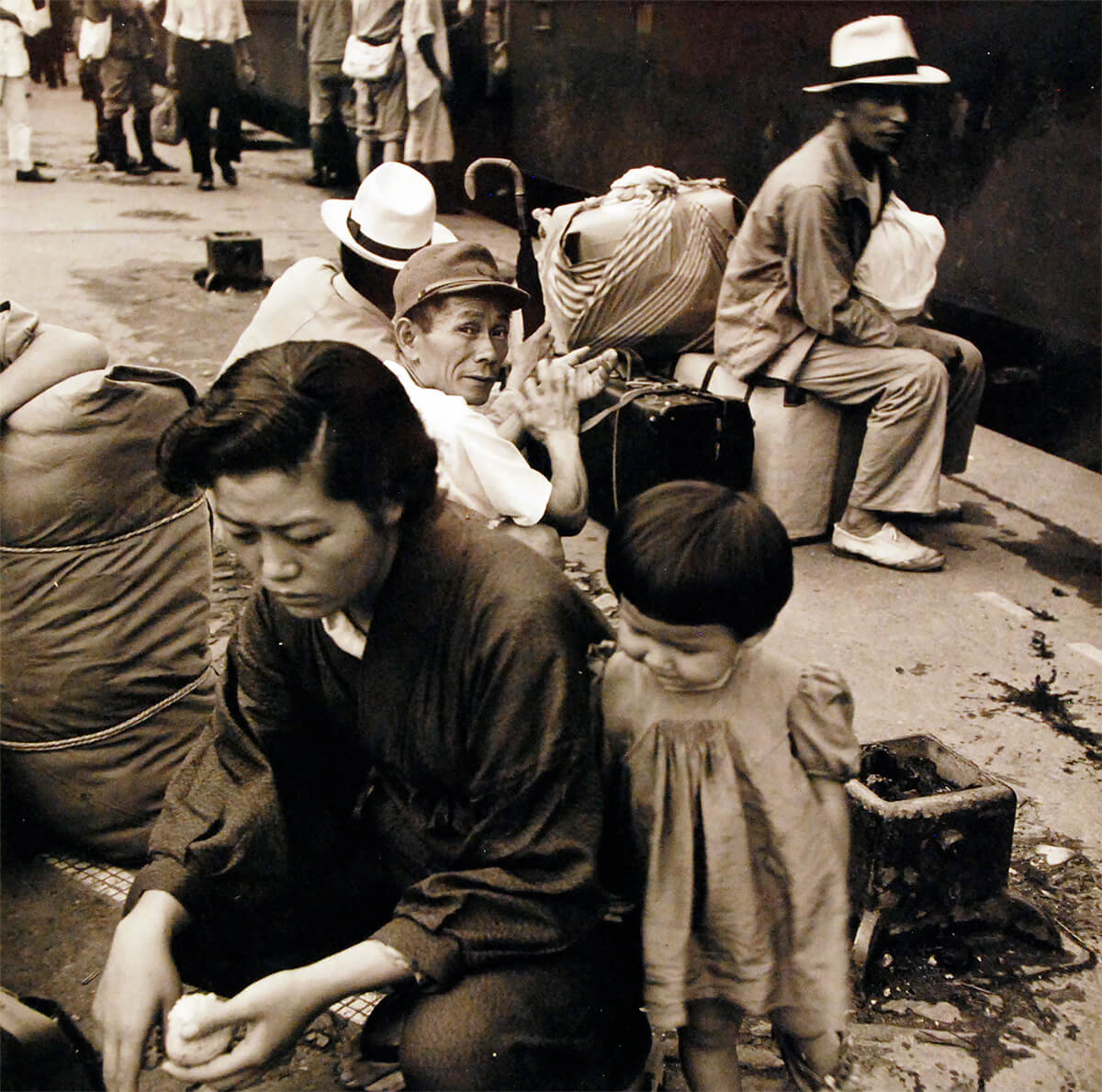 Civilians at a rail station, Hiroshima, Japan, Sep 1945,  National Museum of the United States Navy<p>© Wayne Miller</p>