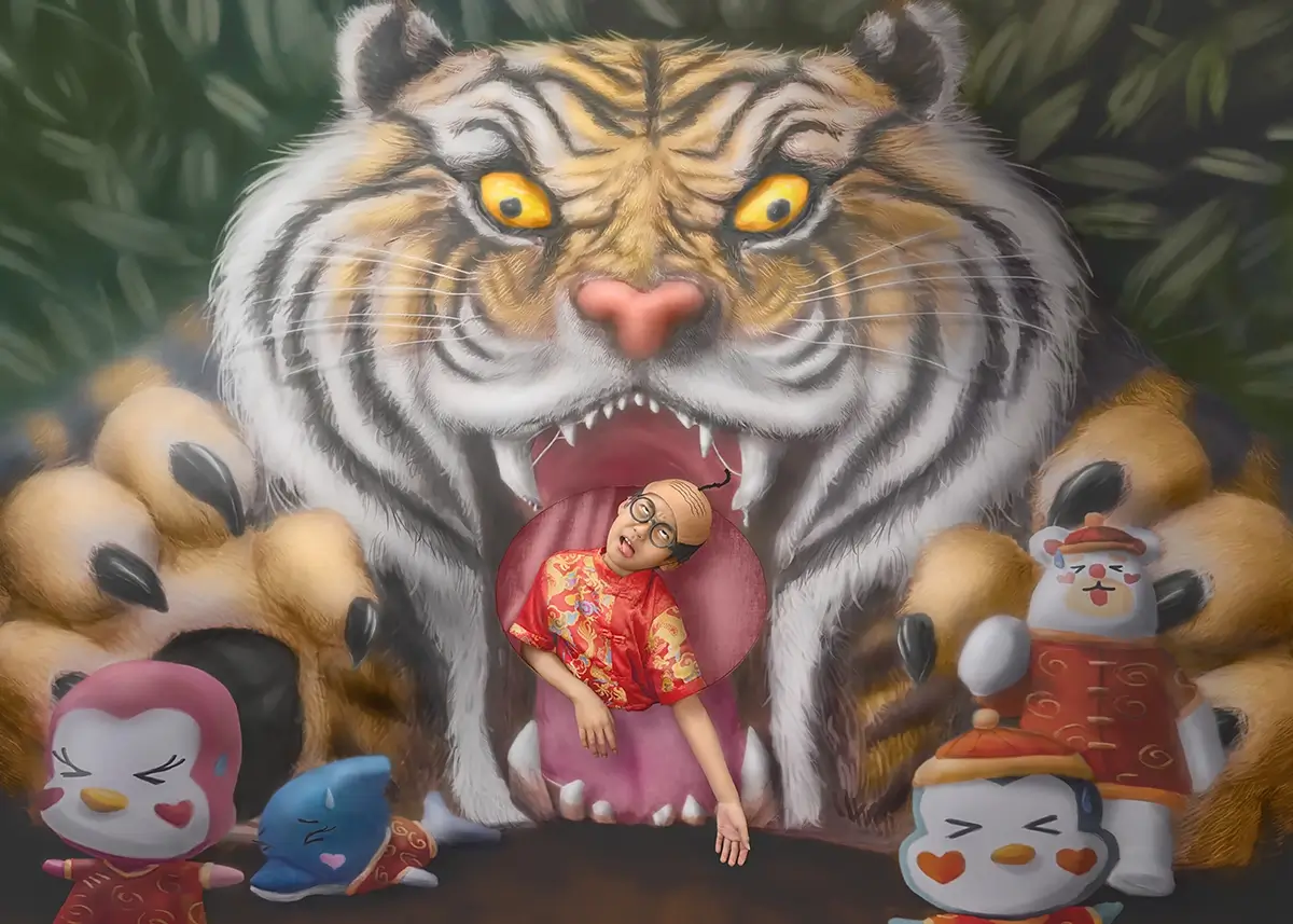 The Prince Who Got Eaten: The tiger stood still. The Prince leaned in, filled with laughter. He became part of the story—eaten for joy.<p>© Kantaya New</p>
