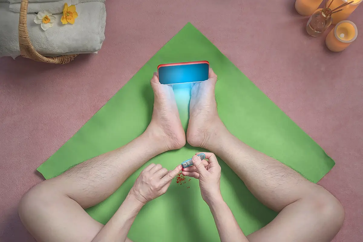 Cutting Nails: He clips his nails while scrolling, the phone between his feet. Blood stains the mat—a small warning.<p>© Kantaya New</p>