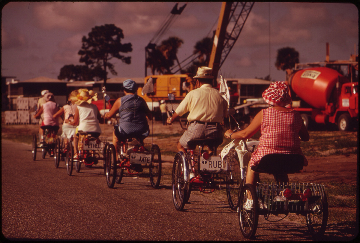 TRICYCLE CLUB OF THE CENTURY VILLAGE RETIREMENT COMMUNITY MEETS EACH MORNING, June 1973 - NARA<p>© Flip Schulke</p>