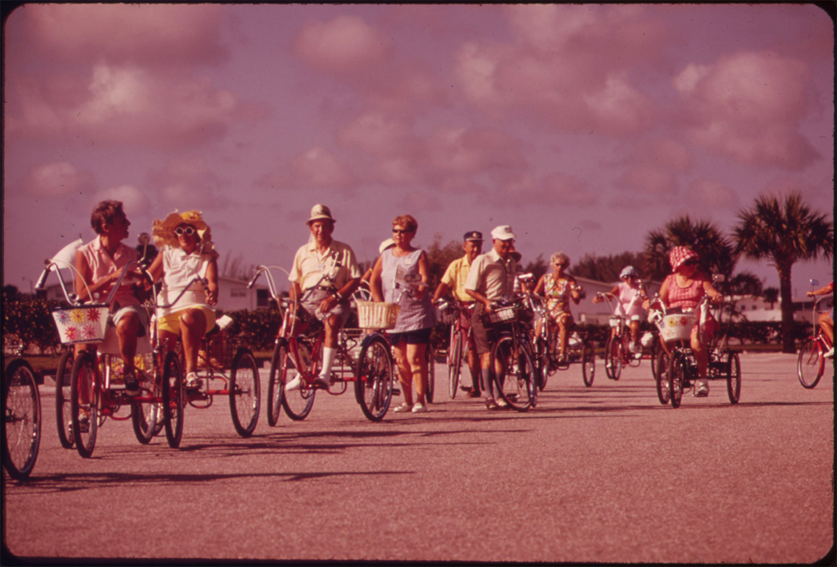 TRICYCLE CLUB OF THE CENTURY VILLAGE RETIREMENT COMMUNITY MEETS EACH MORNING, June 1973 - NARA<p>© Flip Schulke</p>