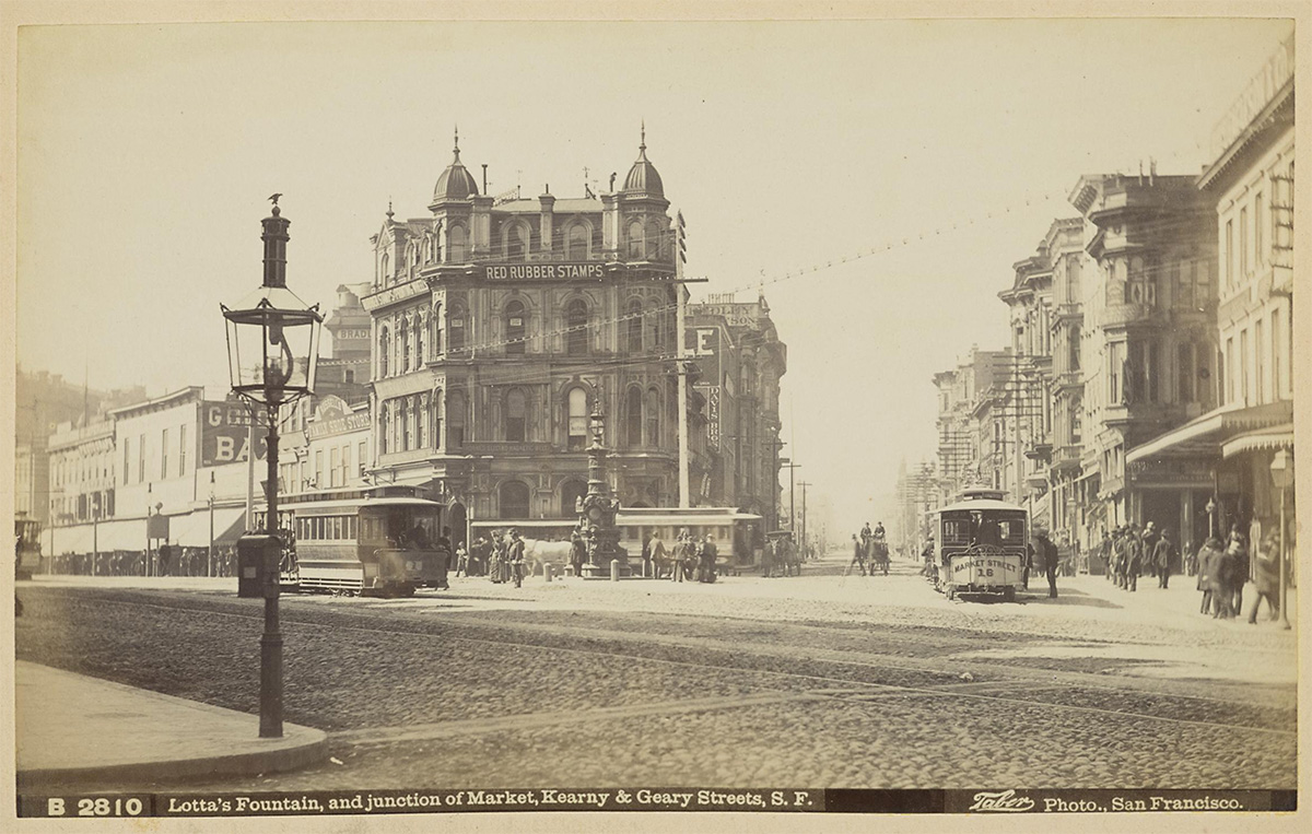 Lotta’s Fountain, and Junction of Market, Kearny & Geary Streets, San Francisco - Scottish National Portrait Gallery<p>© Isaiah West Taber</p>