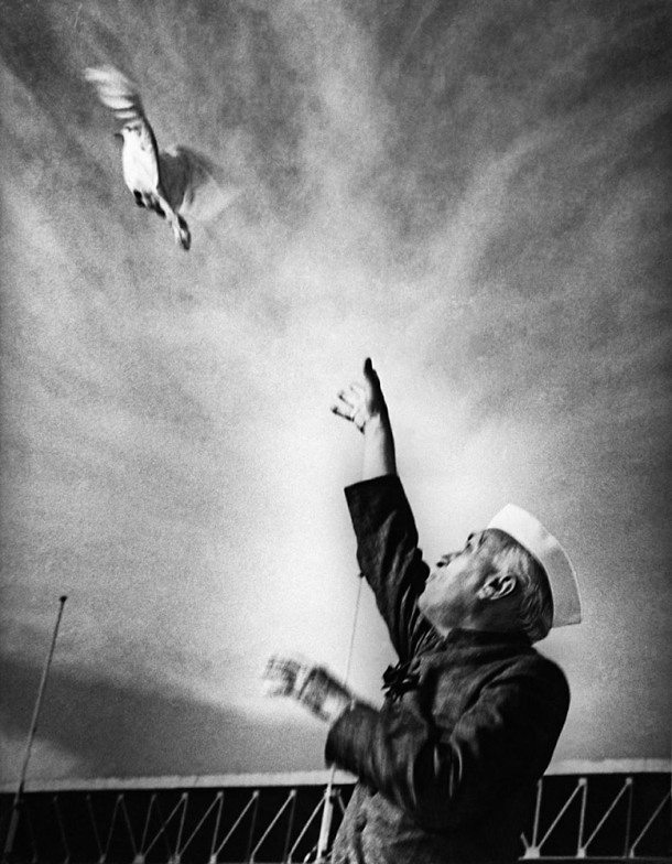 Nehru releasing a dove as a sign of peace at a public function at the National Stadium in New Delhi, mid 1950s<p>© Homai Vyarawalla</p>